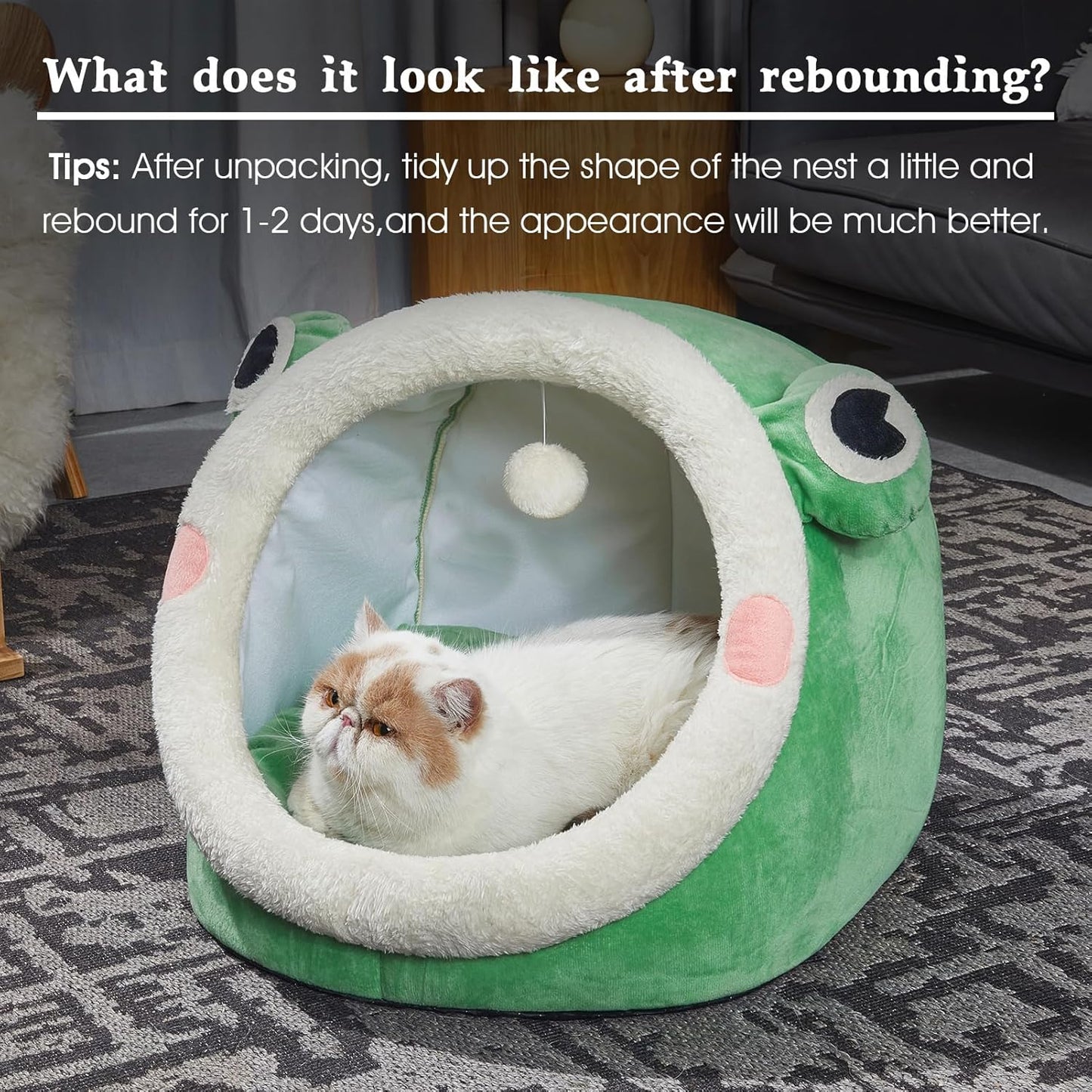 Cute Cat Bed, Indoor Lovely Velvet Igloo for Cat and Small Dog, Warm Cave Sleeping Nest Bed for Puppy and Kitten, Green Frog, L
