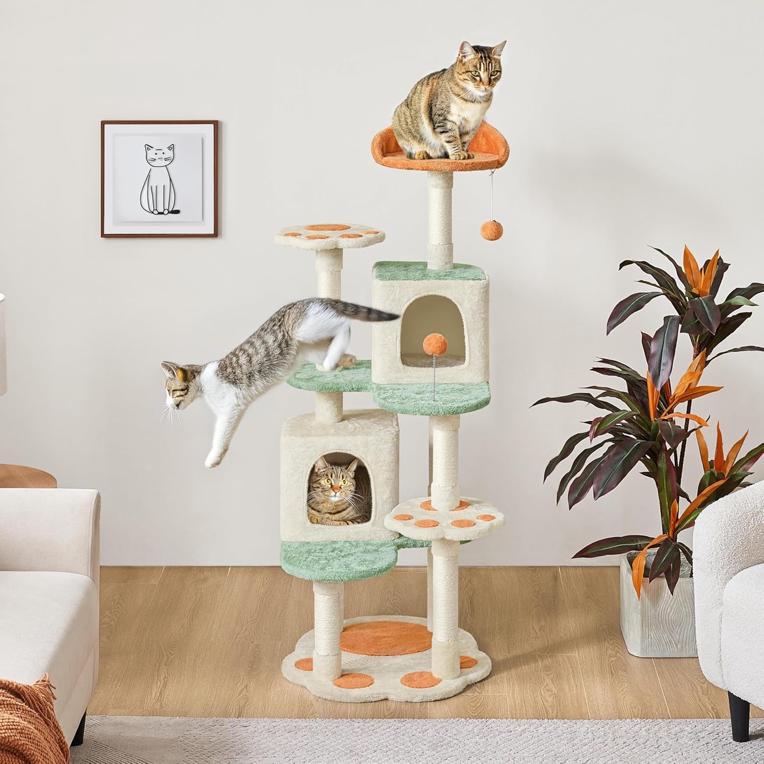 Yaheetech 57.5In Cat Tree Tower, Multi-Functional Activity Center W/Cat Paw-Shaped Platform, Scratching Posts, 2 Condos and Dangling Balls for Indoor Cats to Relax
