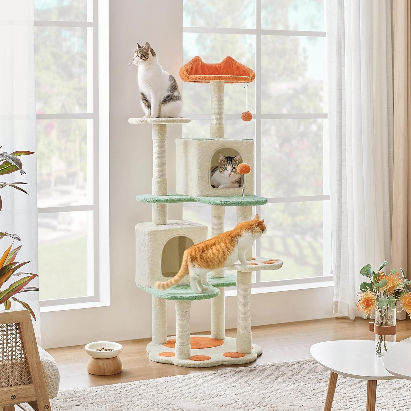 Yaheetech 57.5In Cat Tree Tower, Multi-Functional Activity Center W/Cat Paw-Shaped Platform, Scratching Posts, 2 Condos and Dangling Balls for Indoor Cats to Relax