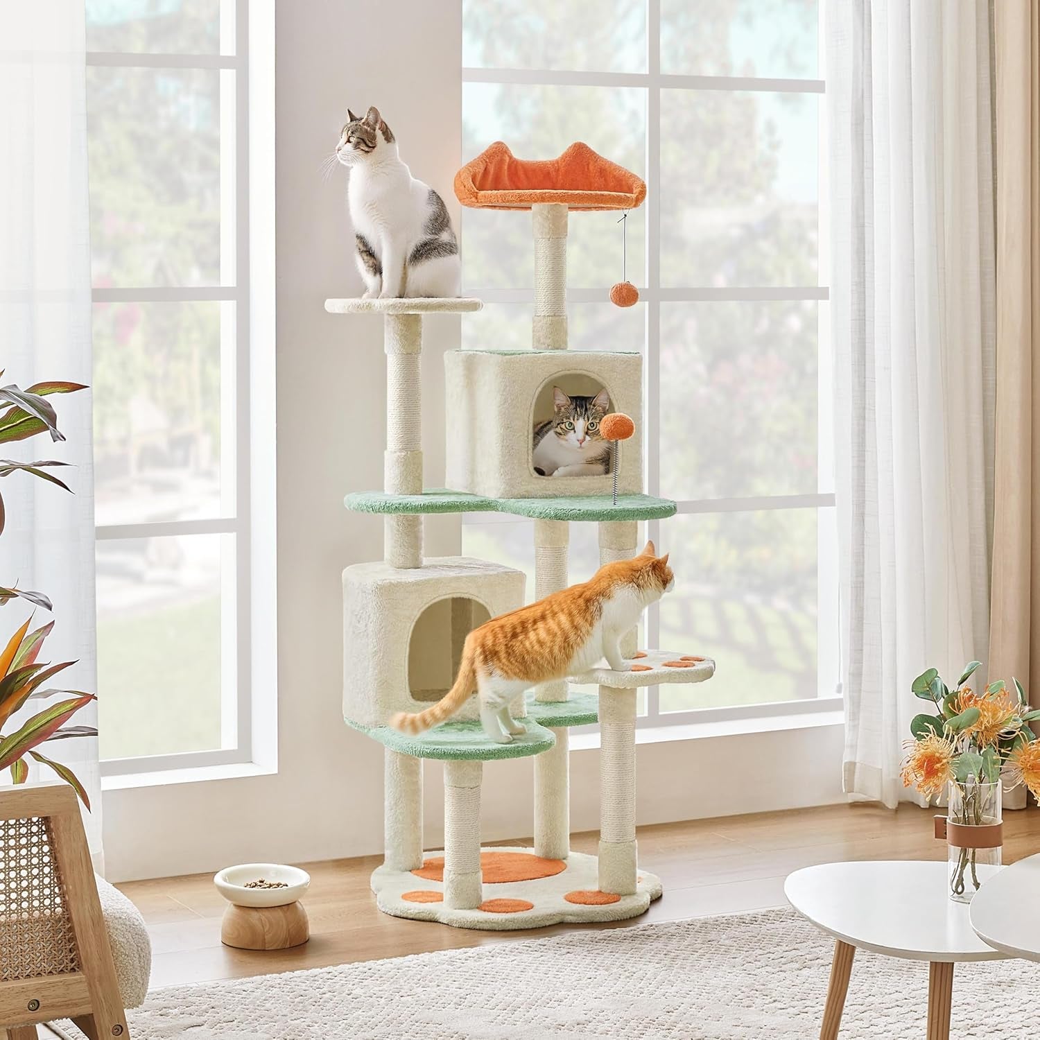 Yaheetech 57.5In Cat Tree Tower, Multi-Functional Activity Center W/Cat Paw-Shaped Platform, Scratching Posts, 2 Condos and Dangling Balls for Indoor Cats to Relax