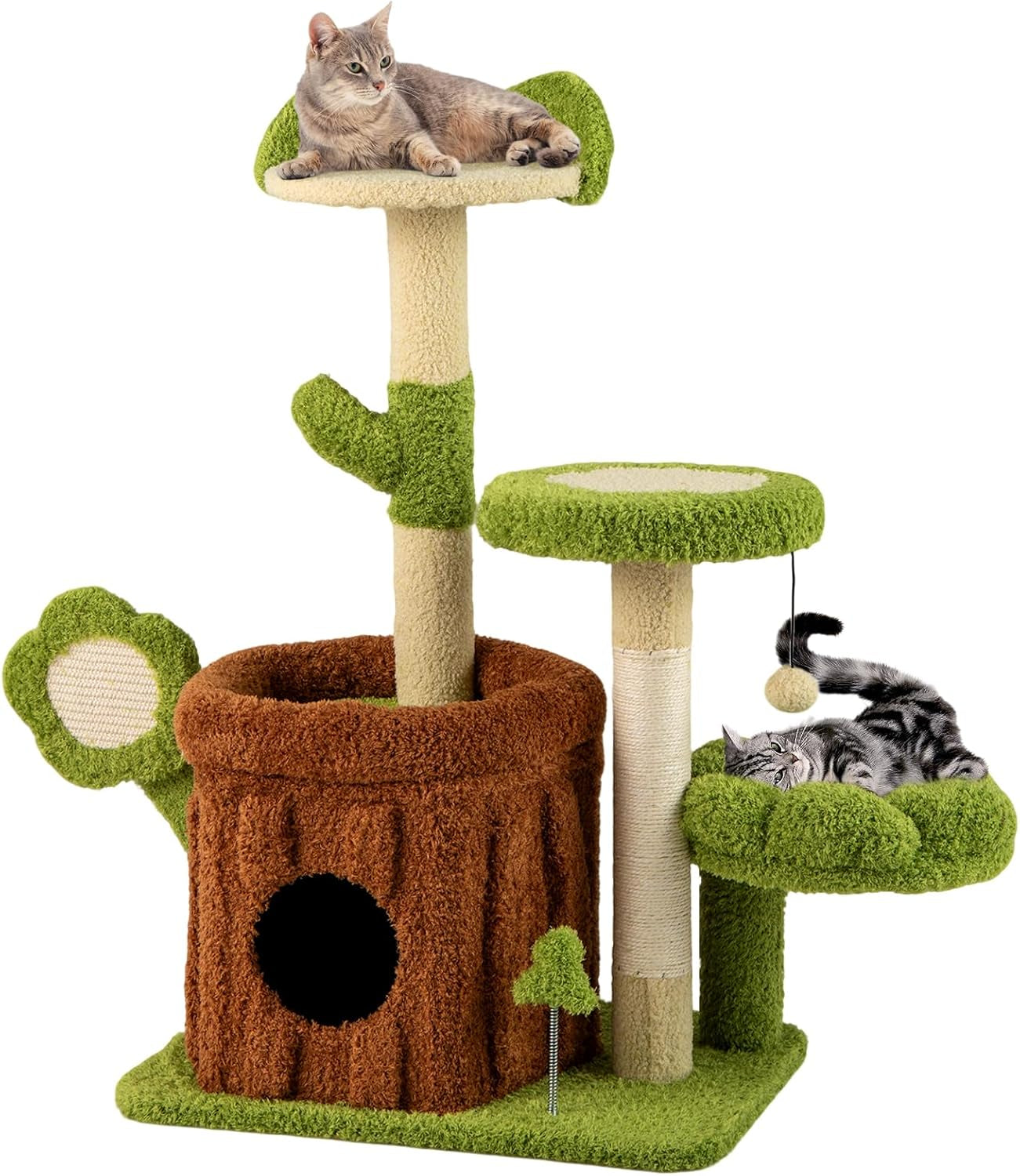 Cute Cat Tree Green Forest, 36 Inch Aesthetic Cat Tower with Sisal Scratching Posts & Board, Trunk Condo, Flower Perch, Plush Napping Bed, Pompom, Spring Toy, Platforms for Indoor Cats