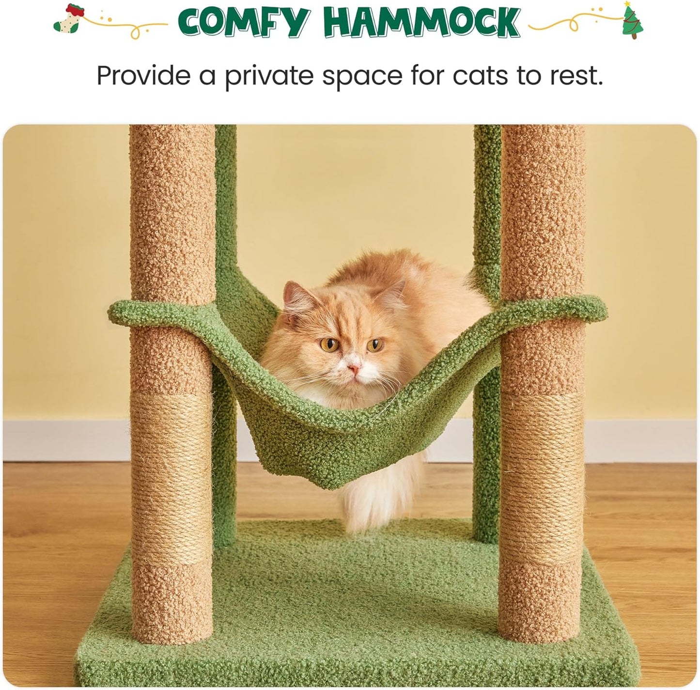 63.8 Inches Green Cat Tree for Indoor Cats, Multi-Level Cat Tower with Sisal-Covered Scratching Posts, Padded Platform, Hammock, Dangling Toys, Stable Cat Condo Pet Play House