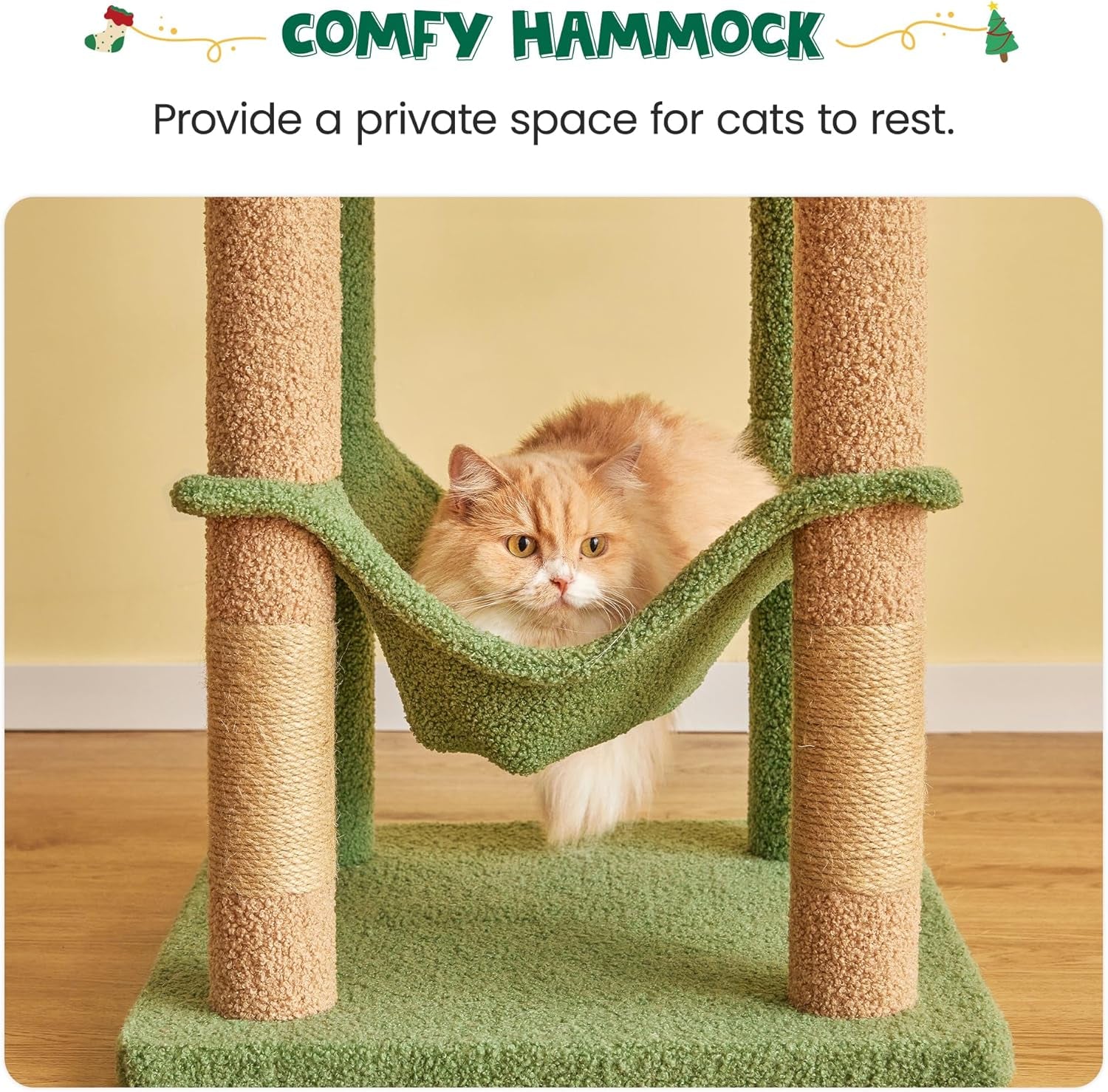 63.8 Inches Green Cat Tree for Indoor Cats, Multi-Level Cat Tower with Sisal-Covered Scratching Posts, Padded Platform, Hammock, Dangling Toys, Stable Cat Condo Pet Play House