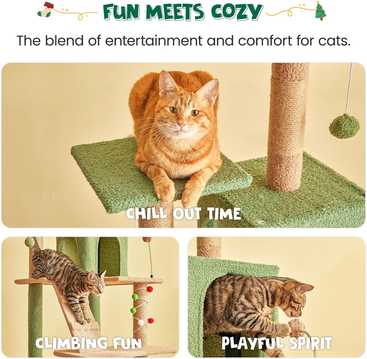 63.8 Inches Green Cat Tree for Indoor Cats, Multi-Level Cat Tower with Sisal-Covered Scratching Posts, Padded Platform, Hammock, Dangling Toys, Stable Cat Condo Pet Play House