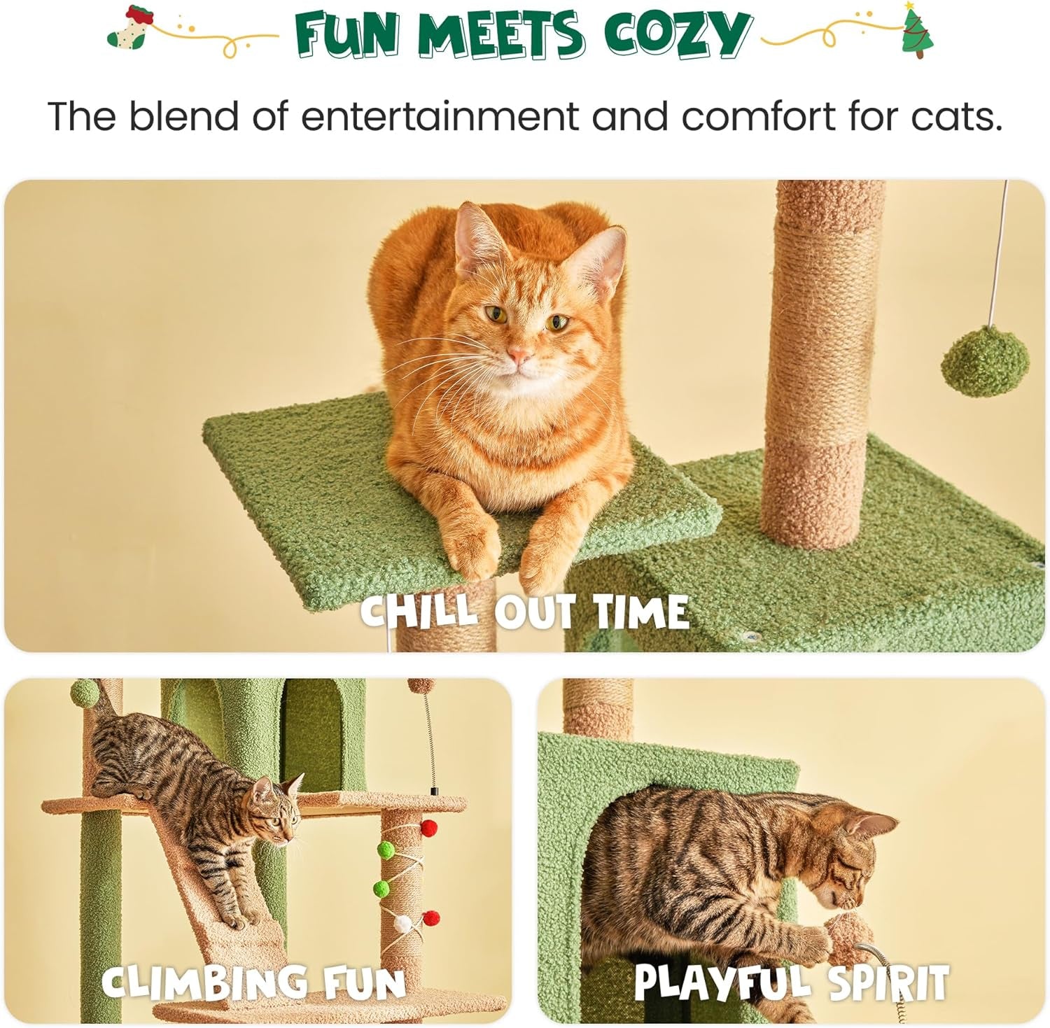63.8 Inches Green Cat Tree for Indoor Cats, Multi-Level Cat Tower with Sisal-Covered Scratching Posts, Padded Platform, Hammock, Dangling Toys, Stable Cat Condo Pet Play House