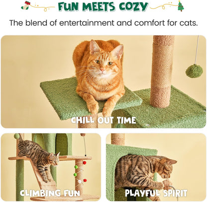63.8 Inches Green Cat Tree for Indoor Cats, Multi-Level Cat Tower with Sisal-Covered Scratching Posts, Padded Platform, Hammock, Dangling Toys, Stable Cat Condo Pet Play House