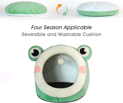 Cute Cat Bed, Indoor Lovely Velvet Igloo for Cat and Small Dog, Warm Cave Sleeping Nest Bed for Puppy and Kitten, Green Frog, L