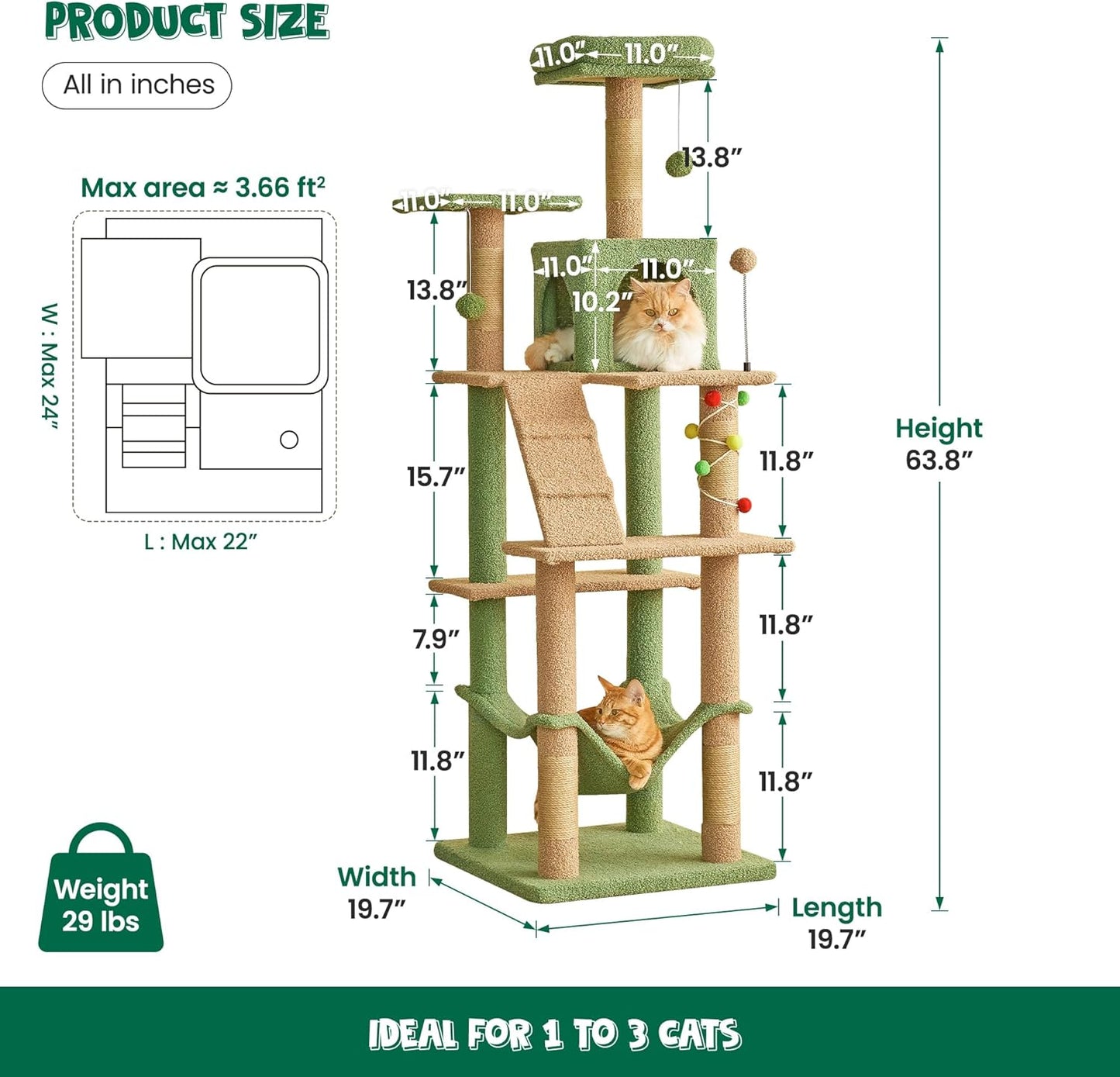 63.8 Inches Green Cat Tree for Indoor Cats, Multi-Level Cat Tower with Sisal-Covered Scratching Posts, Padded Platform, Hammock, Dangling Toys, Stable Cat Condo Pet Play House