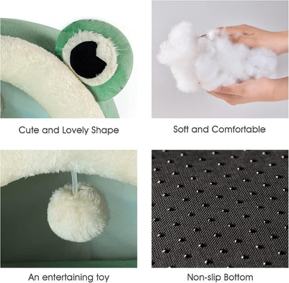 Cute Cat Bed, Indoor Lovely Velvet Igloo for Cat and Small Dog, Warm Cave Sleeping Nest Bed for Puppy and Kitten, Green Frog, L