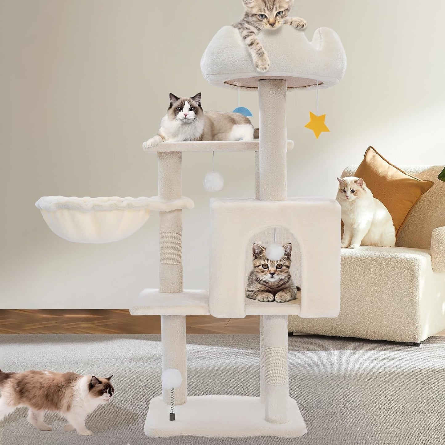 Cat Tree Tower with Metal Frame Hammock, 40'' Cat Trees for Indoor Cats Large Adult, Cat Towers with Scratching Post, Cats Condo Furniture with Cloud Top Perch, Cats Climbing Tower for Kittens(White)