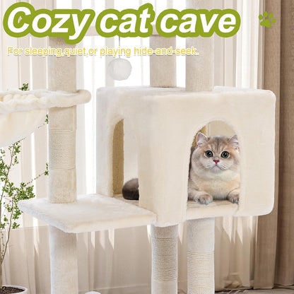 Cat Tree Tower with Metal Frame Hammock, 40'' Cat Trees for Indoor Cats Large Adult, Cat Towers with Scratching Post, Cats Condo Furniture with Cloud Top Perch, Cats Climbing Tower for Kittens(White)