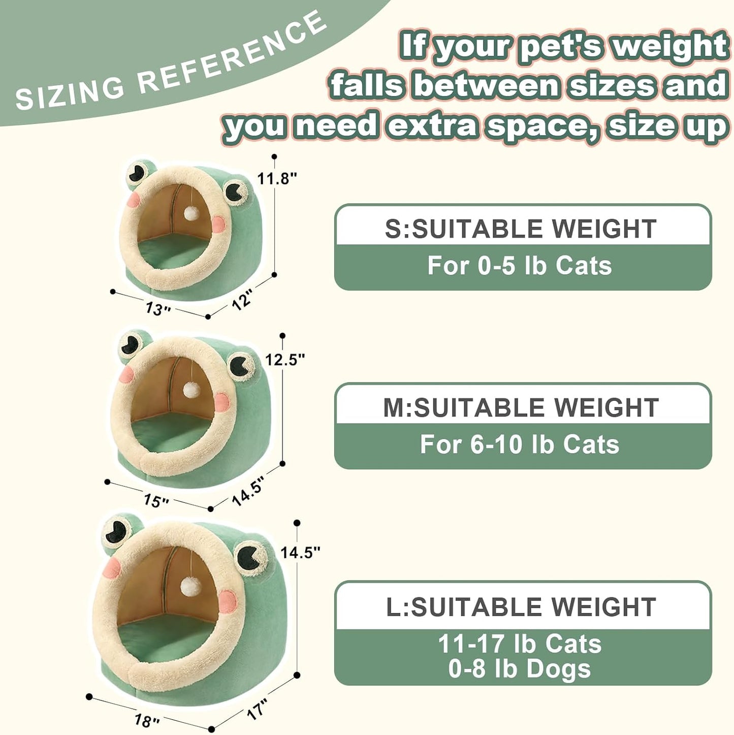 Cute Cat Bed, Indoor Lovely Velvet Igloo for Cat and Small Dog, Warm Cave Sleeping Nest Bed for Puppy and Kitten, Green Frog, L