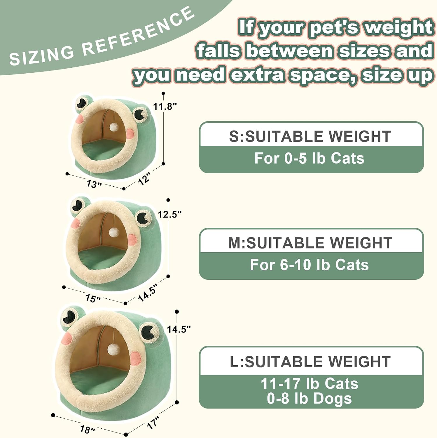 Cute Cat Bed, Indoor Lovely Velvet Igloo for Cat and Small Dog, Warm Cave Sleeping Nest Bed for Puppy and Kitten, Green Frog, L
