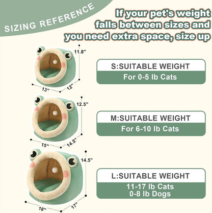 Cute Cat Bed, Indoor Lovely Velvet Igloo for Cat and Small Dog, Warm Cave Sleeping Nest Bed for Puppy and Kitten, Green Frog, L