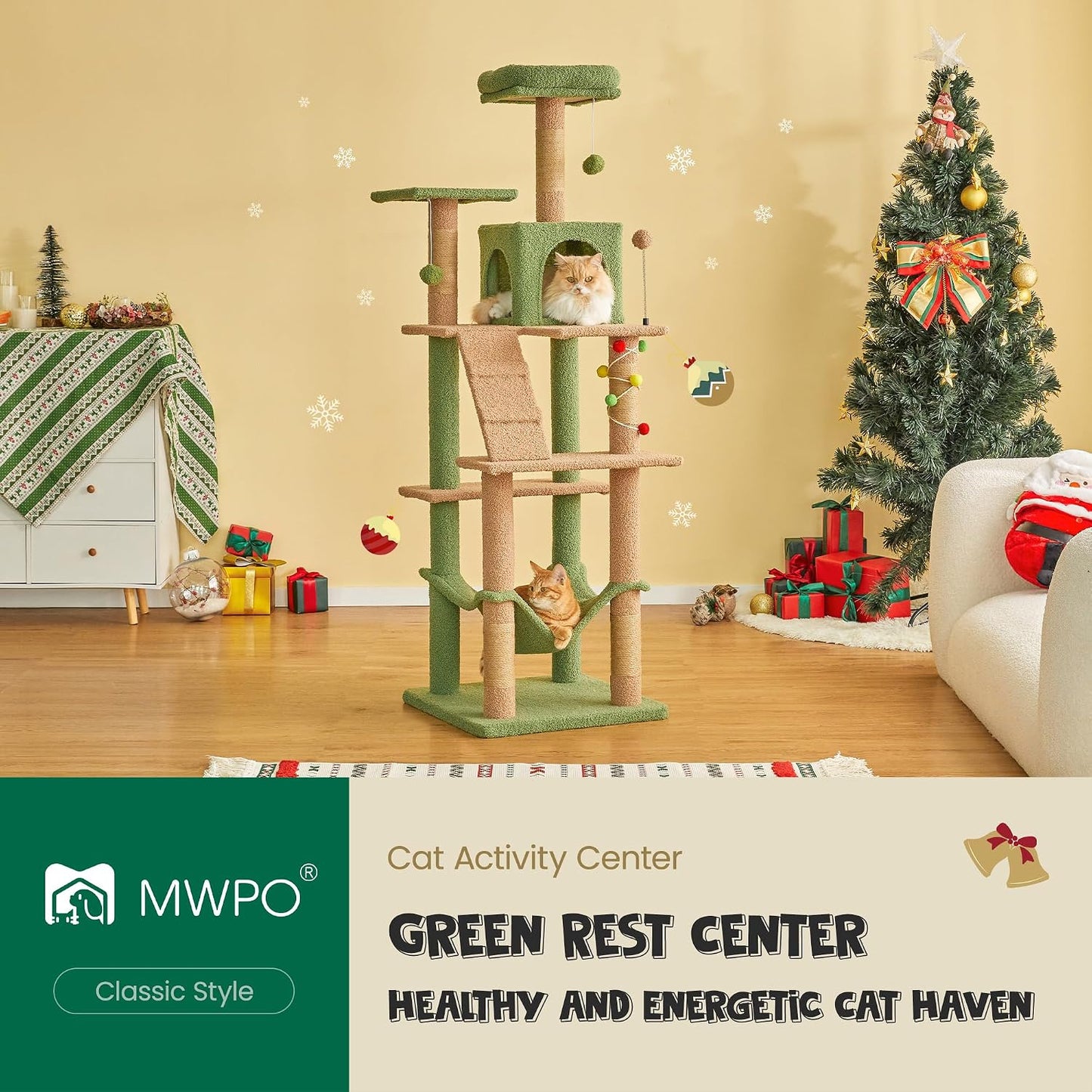63.8 Inches Green Cat Tree for Indoor Cats, Multi-Level Cat Tower with Sisal-Covered Scratching Posts, Padded Platform, Hammock, Dangling Toys, Stable Cat Condo Pet Play House