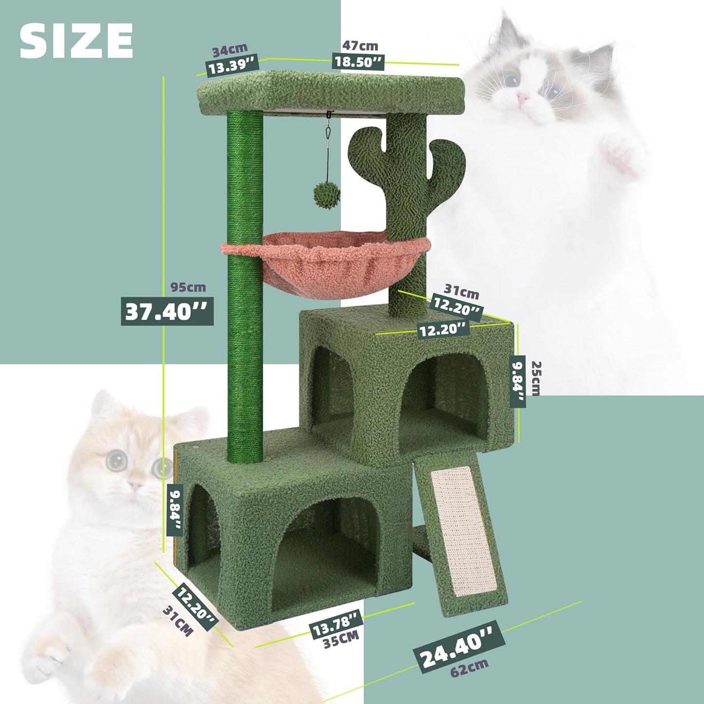 37.4" Cactus Cat Tree Tower with Twin Cat Condos for Indoor Cats, All-In-One Activity Center with Cat Scratching Post Cozy Sleeping Perch Hammock and Toy Balls,Green