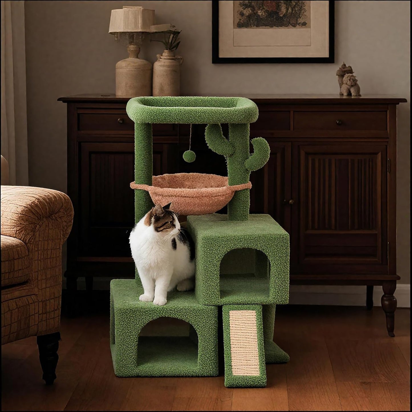 37.4" Cactus Cat Tree Tower with Twin Cat Condos for Indoor Cats, All-In-One Activity Center with Cat Scratching Post Cozy Sleeping Perch Hammock and Toy Balls,Green