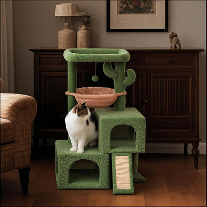 37.4" Cactus Cat Tree Tower with Twin Cat Condos for Indoor Cats, All-In-One Activity Center with Cat Scratching Post Cozy Sleeping Perch Hammock and Toy Balls,Green