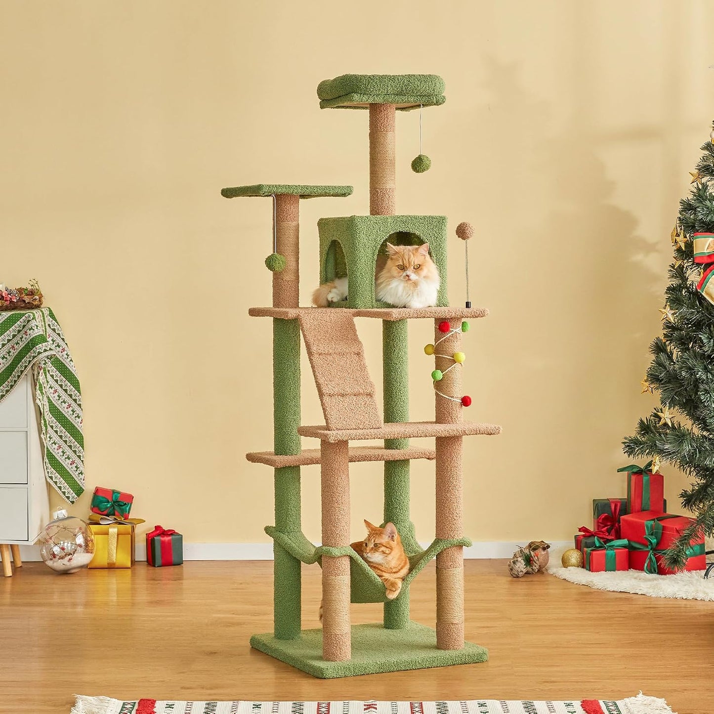 63.8 Inches Green Cat Tree for Indoor Cats, Multi-Level Cat Tower with Sisal-Covered Scratching Posts, Padded Platform, Hammock, Dangling Toys, Stable Cat Condo Pet Play House