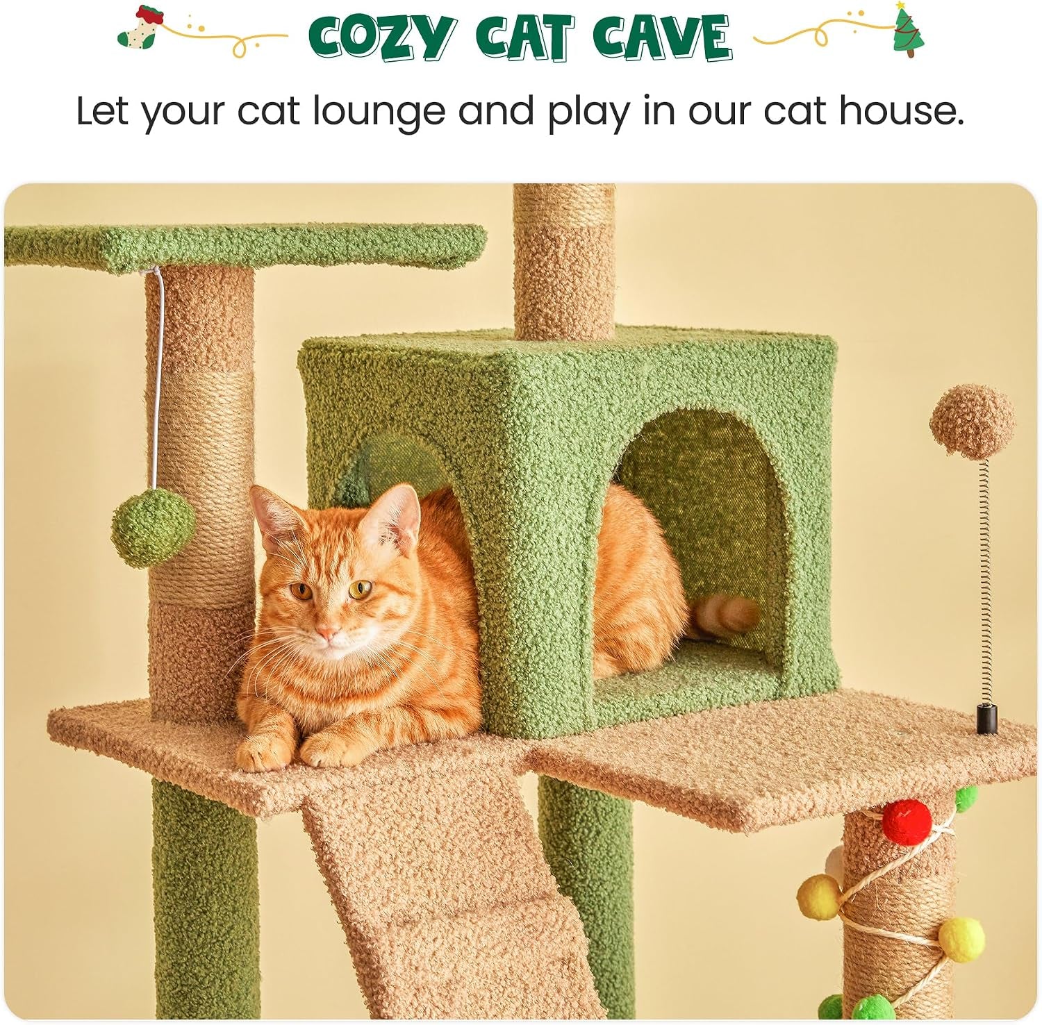 63.8 Inches Green Cat Tree for Indoor Cats, Multi-Level Cat Tower with Sisal-Covered Scratching Posts, Padded Platform, Hammock, Dangling Toys, Stable Cat Condo Pet Play House