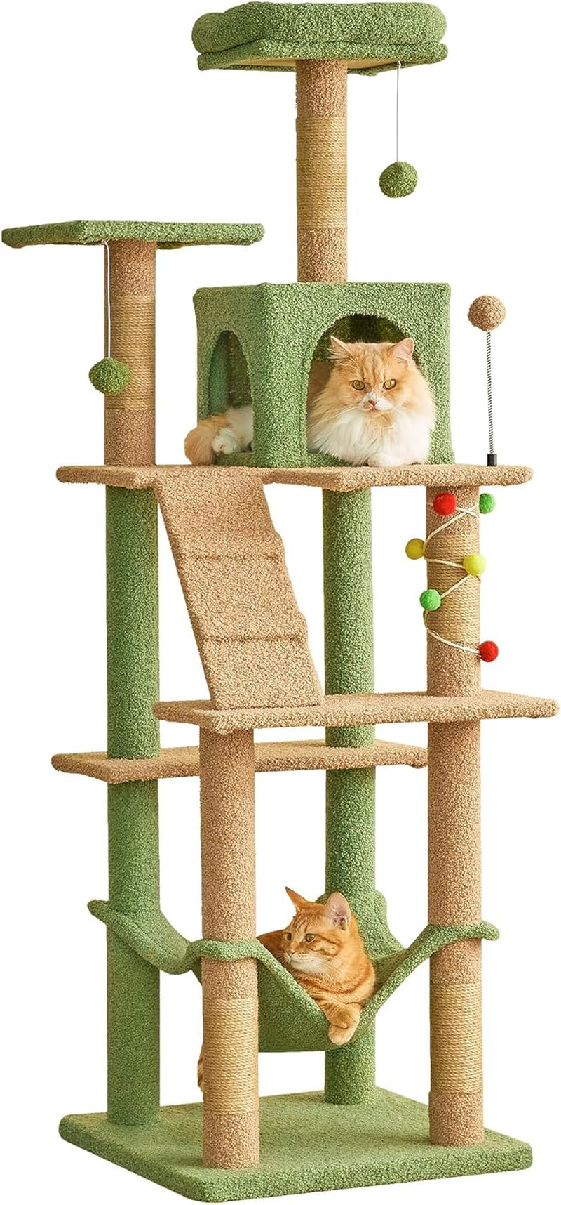 63.8 Inches Green Cat Tree for Indoor Cats, Multi-Level Cat Tower with Sisal-Covered Scratching Posts, Padded Platform, Hammock, Dangling Toys, Stable Cat Condo Pet Play House