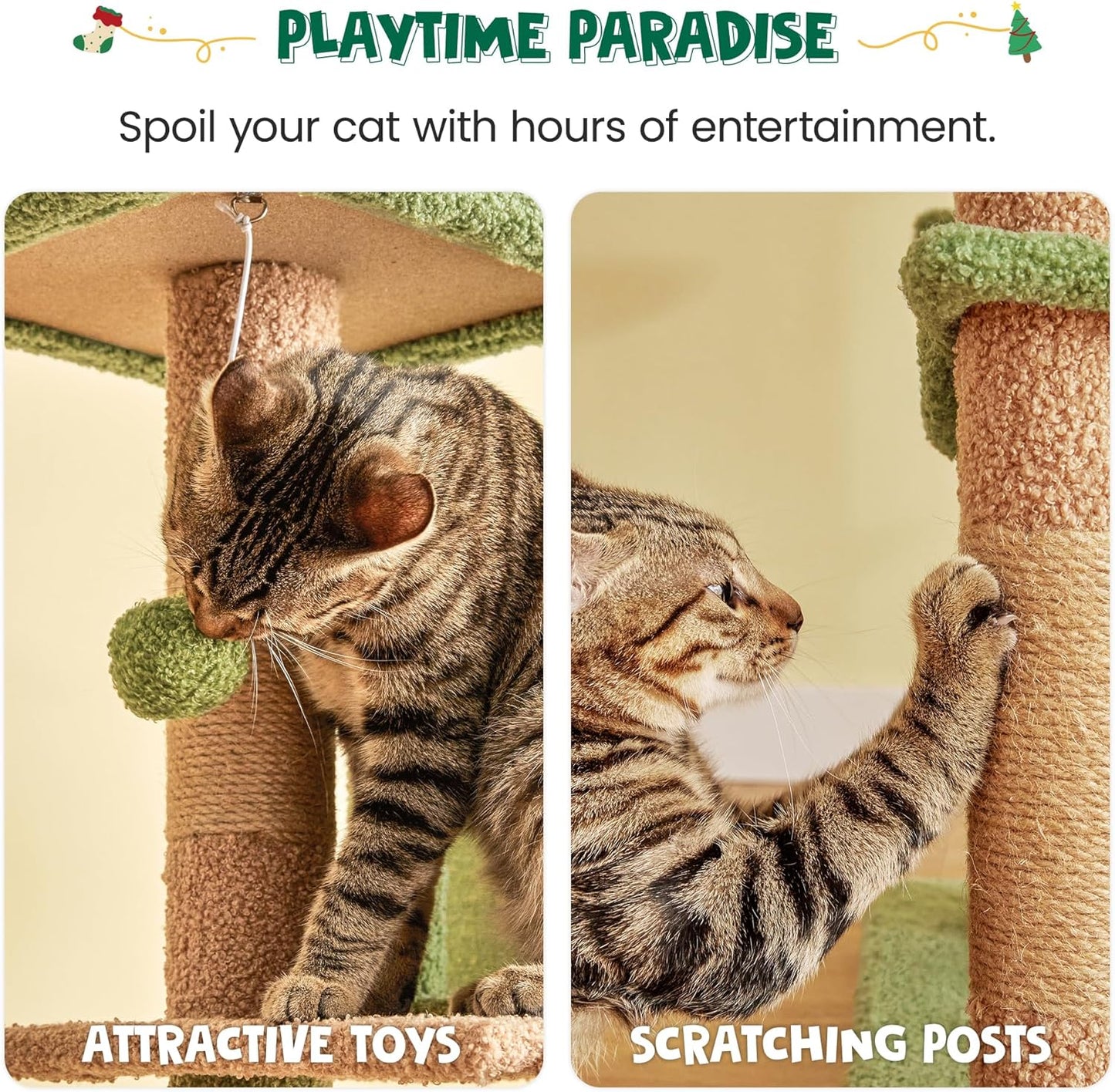 63.8 Inches Green Cat Tree for Indoor Cats, Multi-Level Cat Tower with Sisal-Covered Scratching Posts, Padded Platform, Hammock, Dangling Toys, Stable Cat Condo Pet Play House