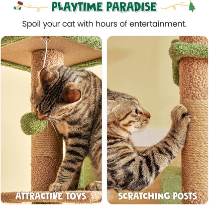 63.8 Inches Green Cat Tree for Indoor Cats, Multi-Level Cat Tower with Sisal-Covered Scratching Posts, Padded Platform, Hammock, Dangling Toys, Stable Cat Condo Pet Play House