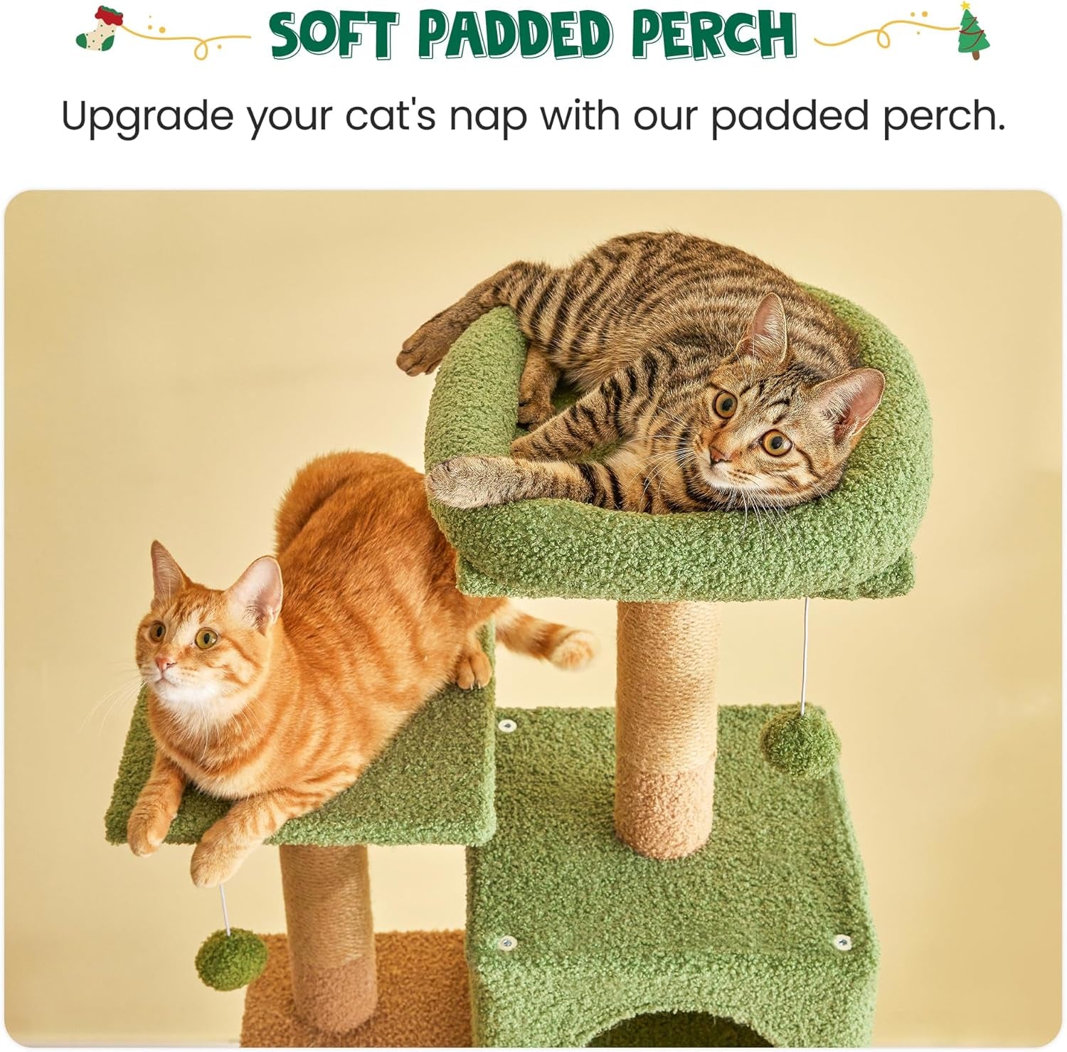 63.8 Inches Green Cat Tree for Indoor Cats, Multi-Level Cat Tower with Sisal-Covered Scratching Posts, Padded Platform, Hammock, Dangling Toys, Stable Cat Condo Pet Play House